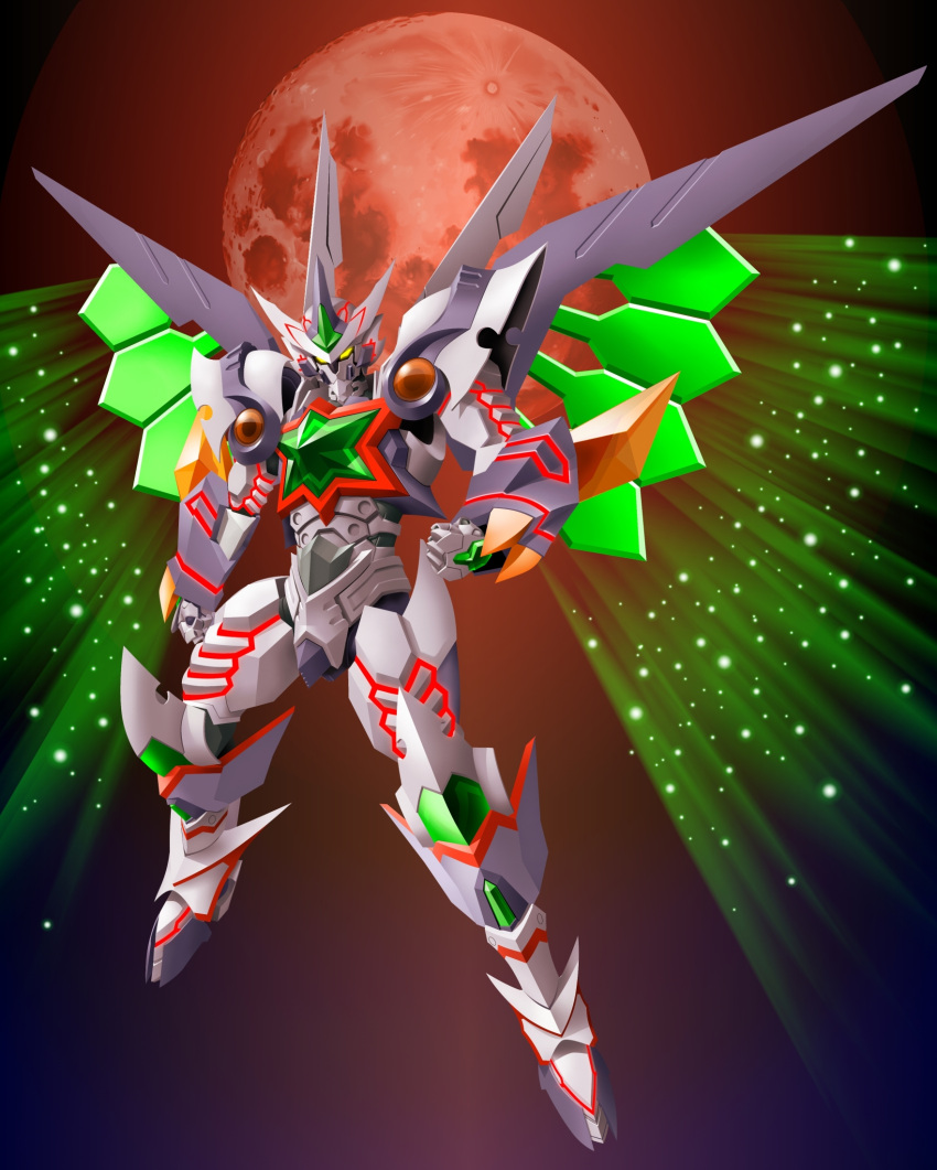 0-sum clenched_hands didalion_zam floating glowing glowing_eyes highres mars_(planet) mecha mechanical_wings no_humans planet science_fiction super_robot_wars super_robot_wars_dd wings yellow_eyes