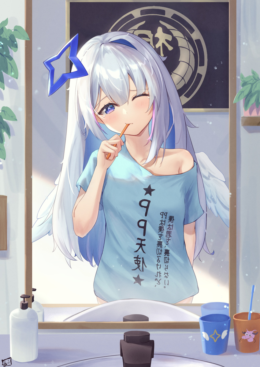1girl absurdres alternate_hair_length alternate_hairstyle amane_kanata bangs blue_hair blue_shirt blush brushing_teeth clothes_writing collarbone commentary_request cup eyebrows_visible_through_hair faucet feathered_wings fue_(lars0713) hair_between_eyes head_tilt highres holding holding_toothbrush hololive indoors long_hair mini_wings mirror mirror_writing mug multicolored_hair one_eye_closed reflection shirt short_sleeves silver_hair single_hair_intake sleepy soap_bottle solo tears toothbrush translation_request two-tone_hair very_long_hair violet_eyes virtual_youtuber white_wings wings