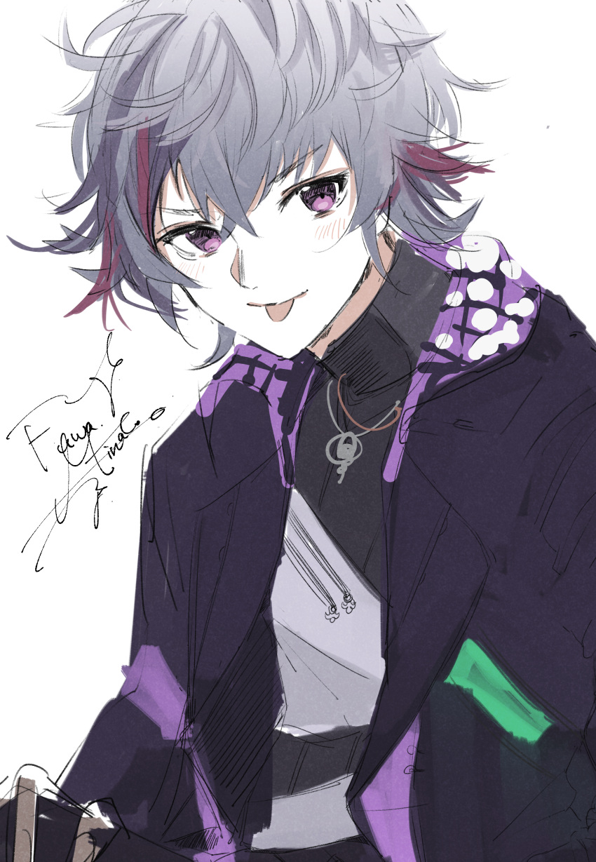 1boy :p absurdres bangs black_jacket black_shirt blush character_name closed_mouth eyebrows_visible_through_hair fuwa_minato grey_hair hair_between_eyes highres jacket looking_at_viewer male_focus multicolored_hair nijisanji ogura_tubuan open_clothes open_jacket redhead shirt simple_background smile solo streaked_hair tongue tongue_out upper_body violet_eyes virtual_youtuber white_background