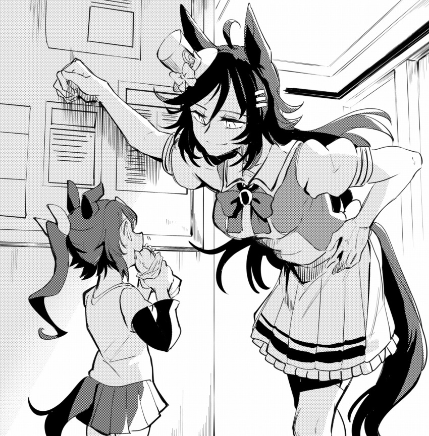 2girls animal_ears bow bowtie eating frilled_skirt frills greyscale hair_bow hair_ornament hairclip hat height_difference high_ponytail highres horse_ears horse_girl horse_tail horseshoe_ornament layered_sleeves long_hair long_sleeves looking_down looking_up mini_hat miniskirt monochrome mr_c_b_(umamusume) multiple_girls official_alternate_costume pleated_skirt puffy_short_sleeves puffy_sleeves sailor_collar sailor_shirt school_uniform shirt short_over_long_sleeves short_sleeves skirt t-shirt tail tail_through_clothes takatsuki_nato thigh-highs tokai_teio_(umamusume) top_hat tracen_school_uniform umamusume younger