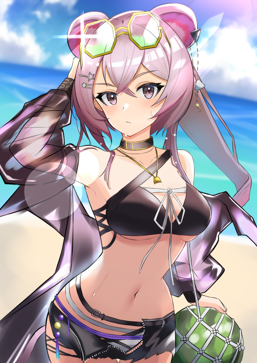 1girl absurdres animal_ears arknights arm_up bangs bare_shoulders beach bikini black_bikini black_choker black_shorts blue_sky breasts choker clouds commentary_request cowboy_shot day eyewear_on_head hair_between_eyes highres jewelry k@bu lin_yuhsia_(arknights) long_hair looking_at_viewer medium_breasts mouse_ears navel necklace off_shoulder outdoors pink_eyes pink_hair short_shorts shorts sky solo standing stomach sunglasses swimsuit water