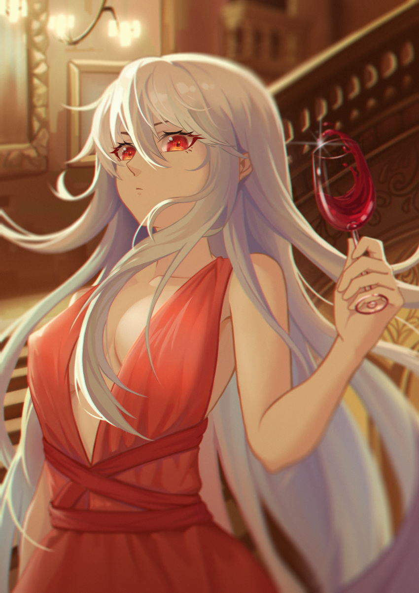 1girl absurdres alcohol alternate_costume arknights bangs bare_shoulders breasts cangxi chinese_commentary closed_mouth collarbone commentary cup dress drinking_glass formal hair_between_eyes hand_up highres holding holding_cup huge_filesize indoors long_hair looking_at_viewer medium_breasts no_bra red_dress red_eyes silver_hair skadi_(arknights) solo upper_body very_long_hair wine wine_glass