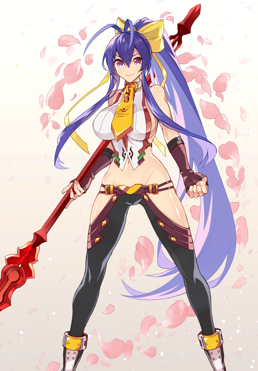 1girl antenna_hair backless_outfit black_pants blazblue blazblue_alternative:_dark_war blue_hair bow breasts clenched_hand halter_top halterneck highres holding holding_weapon large_breasts long_hair lowleg lowleg_pants mai_natsume official_art outseal pants polearm revealing_clothes smile spear sumeshi_(ambivalince) very_long_hair violet_eyes weapon white_background yellow_bow