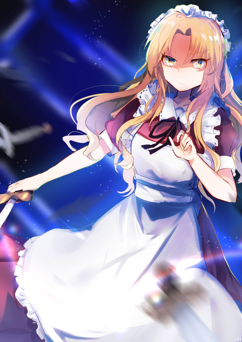 1girl absurdres apron blonde_hair dress eyebrows_visible_through_hair frilled_apron frilled_dress frills highres holding holding_sword holding_weapon long_hair looking_at_viewer maid maid_headdress moyashi_(oekaki_touhou) multiple_swords night night_sky puffy_short_sleeves puffy_sleeves short_sleeves sky solo star_(sky) sword touhou touhou_(pc-98) weapon yellow_eyes yumeko_(touhou)