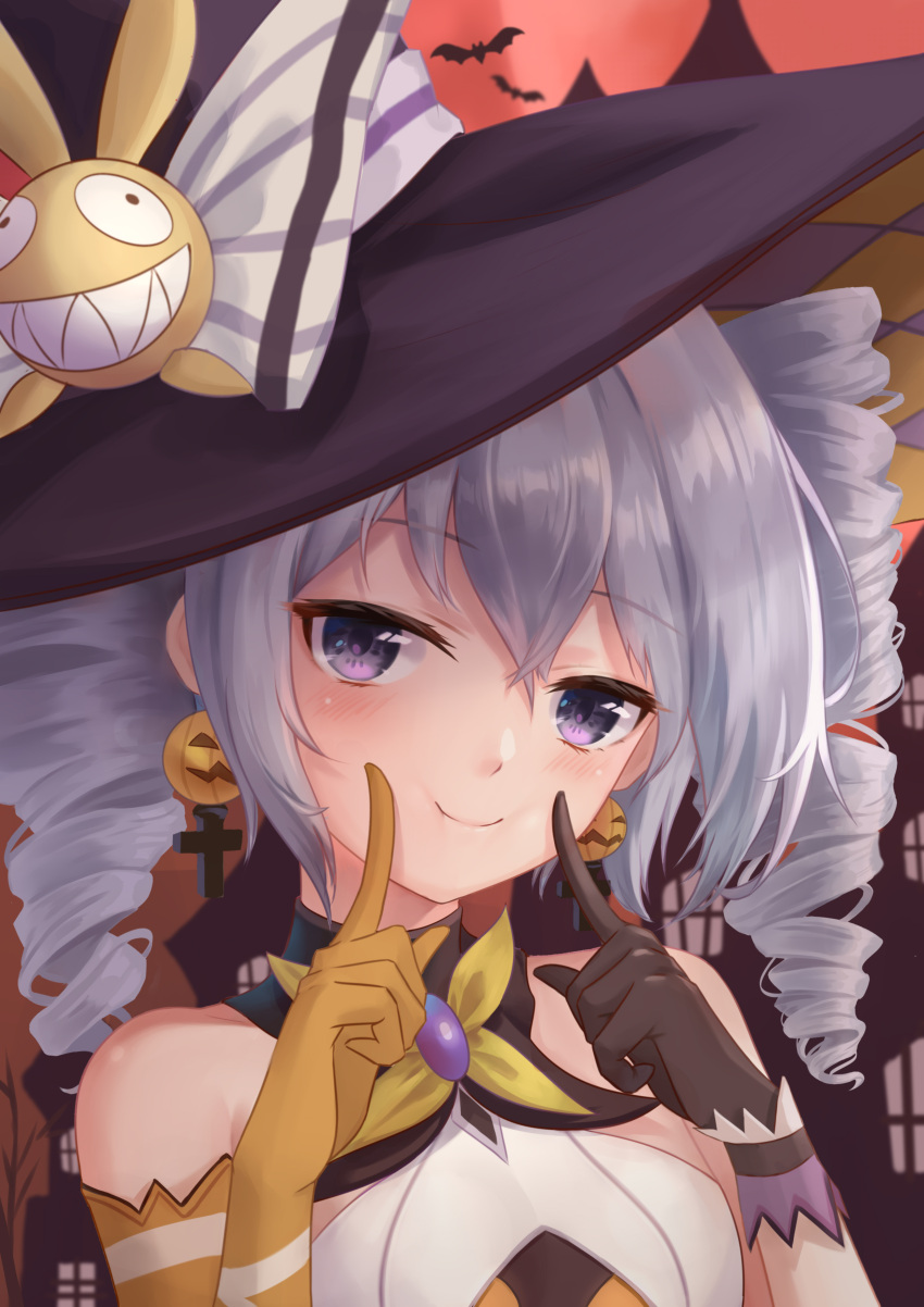 1girl absurdres asymmetrical_gloves bangs bat black_gloves bronya_zaychik bronya_zaychik_(snowy_sniper) closed_mouth drill_hair earrings elbow_gloves gloves grey_eyes grey_hair hair_between_eyes halloween halloween_costume hand_on_own_face hat highres homu_(honkai_impact) honkai_(series) honkai_impact_3rd index_finger_raised jewelry looking_at_viewer mismatched_gloves outdoors red_sky sky smile solo twin_drills witch_hat yelan_xing_xuan yellow_gloves