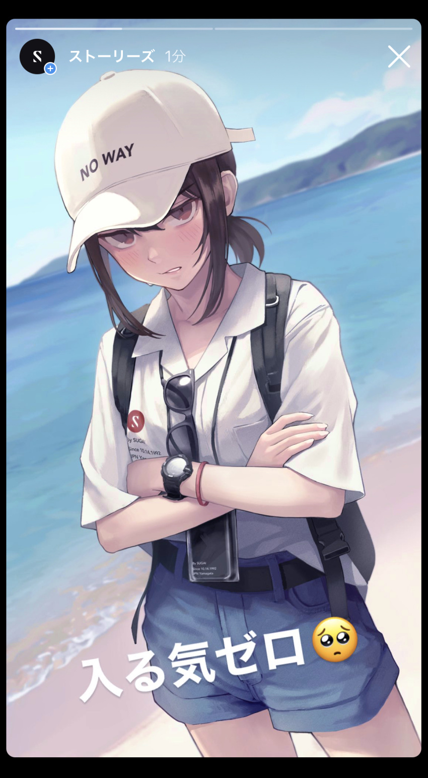 1girl angry backpack bag baseball_cap beach belt biting blue_shorts blue_sky blush breast_pocket brown_hair clothes_writing collared_shirt cowboy_shot crossed_arms day dutch_angle ears emoji eyewear_hang eyewear_removed fake_screenshot flat_cap hat highres hill instagram instagram_username lip_biting ocean original outdoors parted_lips pocket ponytail red_eyes sand shirt short_hair short_ponytail short_shorts short_sleeves shorts sidelocks sky solo sugai_(4ugaii) sunglasses symbol-only_commentary translation_request watch watch water white_headwear white_shirt wristband