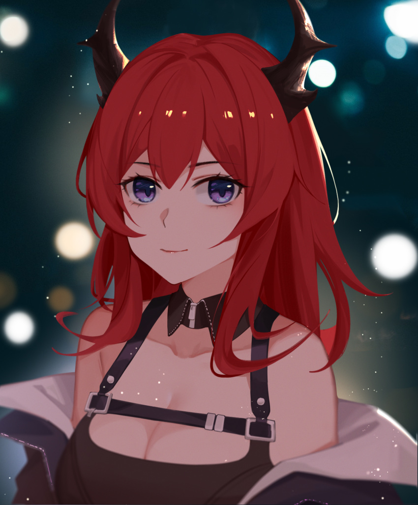 1girl arknights bangs bare_shoulders black_dress chest_strap close-up commentary demon_girl demon_horns detached_collar dress eyebrows_visible_through_hair hair_between_eyes highres horns hymxiaocyan long_hair looking_at_viewer off_shoulder redhead smile solo surtr_(arknights) violet_eyes