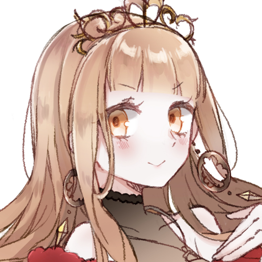 1girl bangs bare_shoulders blonde_hair close-up closed_mouth crown dress earrings hair_between_eyes highres jewelry little_red_riding_hood_(sinoalice) long_hair looking_at_viewer portrait red_dress rico_tta simple_background sinoalice smile solo v-shaped_eyebrows white_background yellow_eyes
