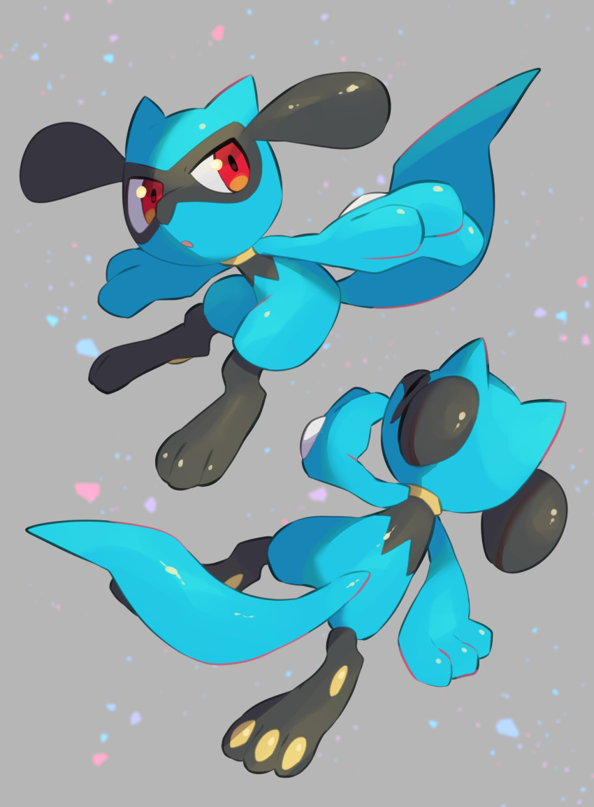 :o absurdres commentary gen_4_pokemon grey_background highres looking_to_the_side multiple_views no_humans nullma outstretched_arms pokemon pokemon_(creature) red_eyes riolu shiny toes