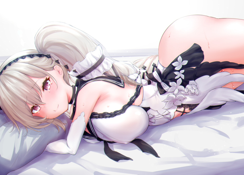 1girl ass azur_lane bare_shoulders black_choker black_neckwear black_sailor_collar bow_dress breasts choker clothing_cutout dress eyebrows_visible_through_hair feather_dress formidable_(azur_lane) formidable_(timeless_classics)_(azur_lane) large_breasts long_hair looking_at_viewer lying navel_cutout nukuiru_susu official_alternate_costume on_bed on_stomach platinum_blonde_hair red_eyes sailor_collar sideboob sleeveless sleeveless_dress solo twintails two-tone_dress two-tone_ribbon very_long_hair white_dress