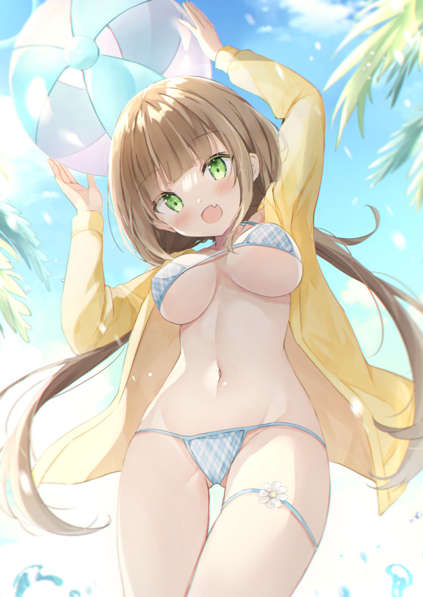 1girl :d ass_visible_through_thighs ball bangs beachball bikini blue_bikini blurry blurry_background blush breasts brown_hair commentary_request day depth_of_field eyebrows_visible_through_hair fang flower from_below green_eyes groin highres holding holding_ball jacket large_breasts looking_at_viewer looking_down low_twintails navel open_clothes open_jacket open_mouth original outdoors plaid plaid_bikini saeki_sora smile solo swimsuit thigh_gap twintails water white_flower yellow_jacket