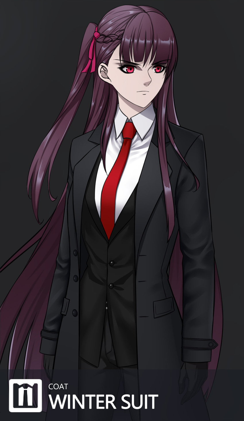 1girl absurdres agent_47 agent_47_(cosplay) black_gloves black_pants black_suit breasts business_suit cosplay formal girls_frontline gloves half_updo highres hitman_(game) long_hair long_sleeves lzypoipoi medium_breasts necktie one_side_up pants purple_hair red_eyes red_neckwear solo suit wa2000_(girls_frontline)