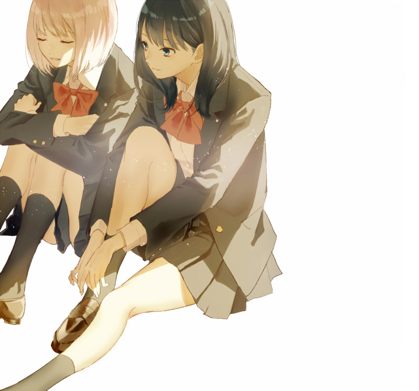 2girls black_footwear black_hair black_jacket black_legwear black_skirt blue_eyes bow bowtie closed_eyes closed_mouth collared_shirt commentary_request english_commentary gridman_universe hugging_own_legs jacket knee_up light_particles long_hair long_sleeves mixed-language_commentary multiple_girls parted_lips pink_hair pleated_skirt pumpkin-crazy red_neckwear school_uniform shinjou_akane shirt short_hair simple_background sitting skirt smile socks ssss.gridman takarada_rikka white_background white_shirt