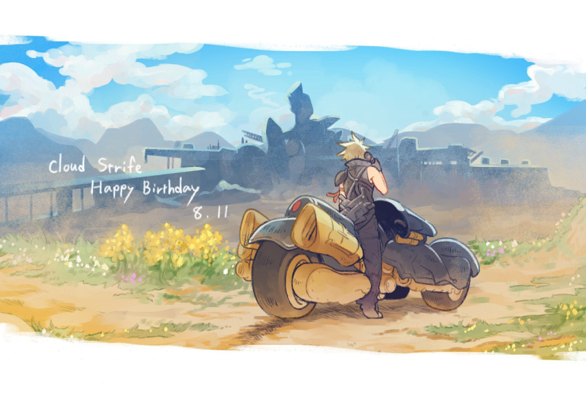 1boy armor asymmetrical_clothes black_gloves blonde_hair blue_sky city cloud_strife clouds final_fantasy final_fantasy_vii final_fantasy_vii_advent_children flower from_behind gloves ground_vehicle highres motor_vehicle motorcycle ruins shoulder_armor sky solo spiky_hair tasituma2