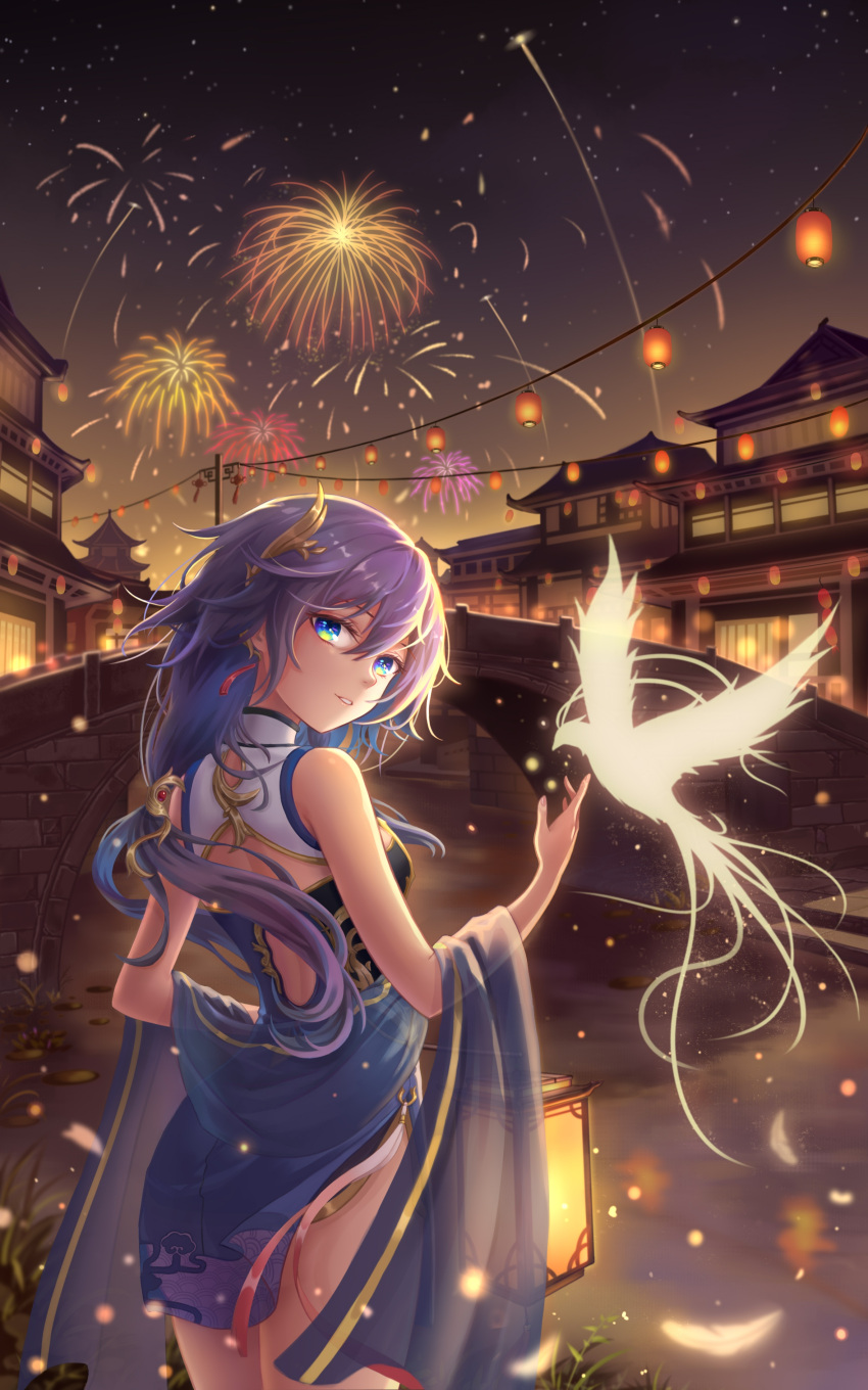 1girl absurdres architecture back bangs bird black_hair blue_dress blue_eyes bridge china_dress chinese_clothes chinese_new_year dress east_asian_architecture feathers fireworks fu_hua fu_hua_(valkyrie_accipter) hair_between_eyes hair_ornament happy_new_year highres honkai_(series) honkai_impact_3rd lantern long_hair looking_at_viewer looking_back nengajou new_year night night_sky open_mouth paper_lantern phoenix ponytail sky sleeveless sleeveless_dress solo star_(sky) teeth water yelan_xing_xuan