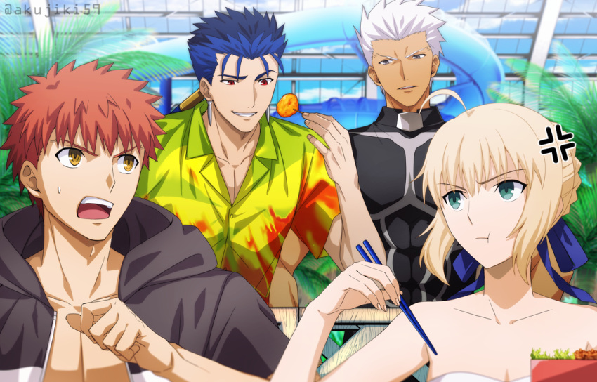 1girl 3boys ahoge akujiki59 alternate_costume anger_vein archer_(fate) artoria_pendragon_(fate) artoria_pendragon_(swimsuit_archer)_(fate) bikini blue_hair casual chopsticks cu_chulainn_(fate) cu_chulainn_(fate/stay_night) dark-skinned_male dark_skin emiya_shirou fate/stay_night fate_(series) frown hawaiian_shirt hood hooded_jacket jacket male_cleavage multiple_boys official_alternate_costume official_style open_clothes open_jacket orange_hair pectorals ponytail pout raised_eyebrow red_eyes shirt short_hair sleeveless smile spiky_hair swimsuit toned toned_male upper_body white_bikini white_hair