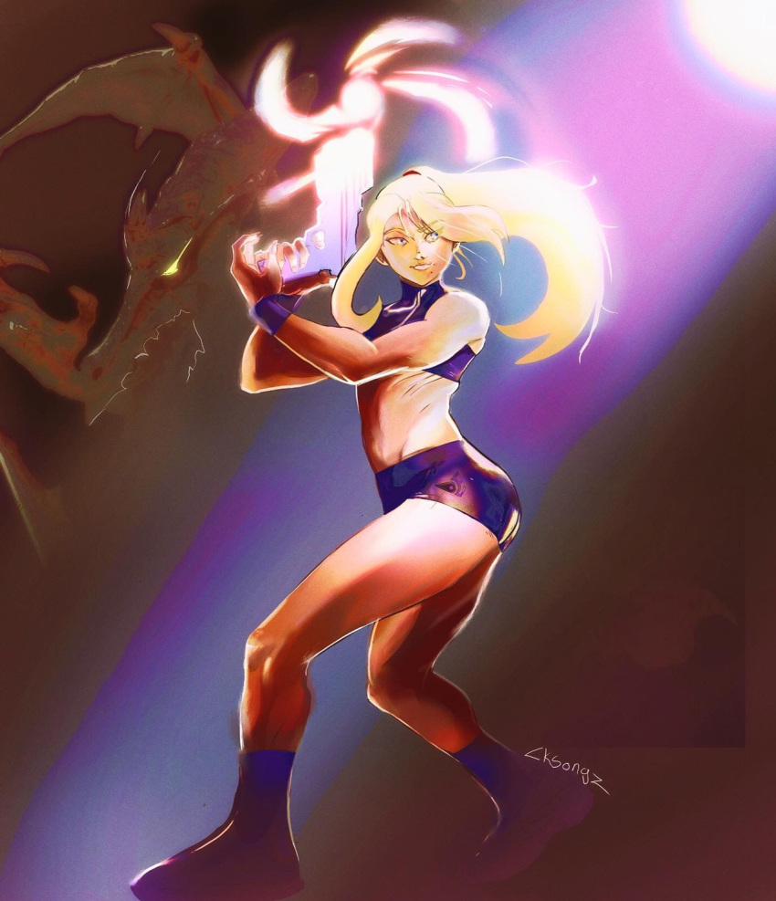 blonde_hair cksongz highres holding holding_weapon metroid ridley samus_aran weapon