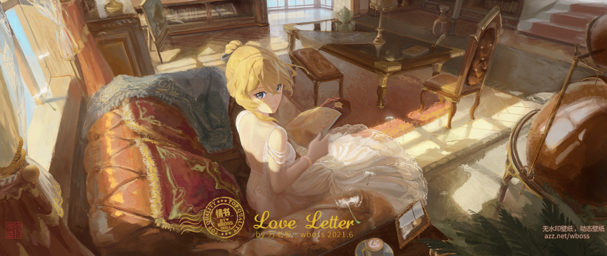 1girl blonde_hair bow bracelet bride chair couch cup dandelion dress flower genshin_impact hair_bow highres indoors jean_(genshin_impact) jewelry lamp looking_at_viewer looking_back necklace pearl_bracelet pearl_necklace photo_(object) see-through_dress sitting smile solo table teacup wedding_dress white_dress