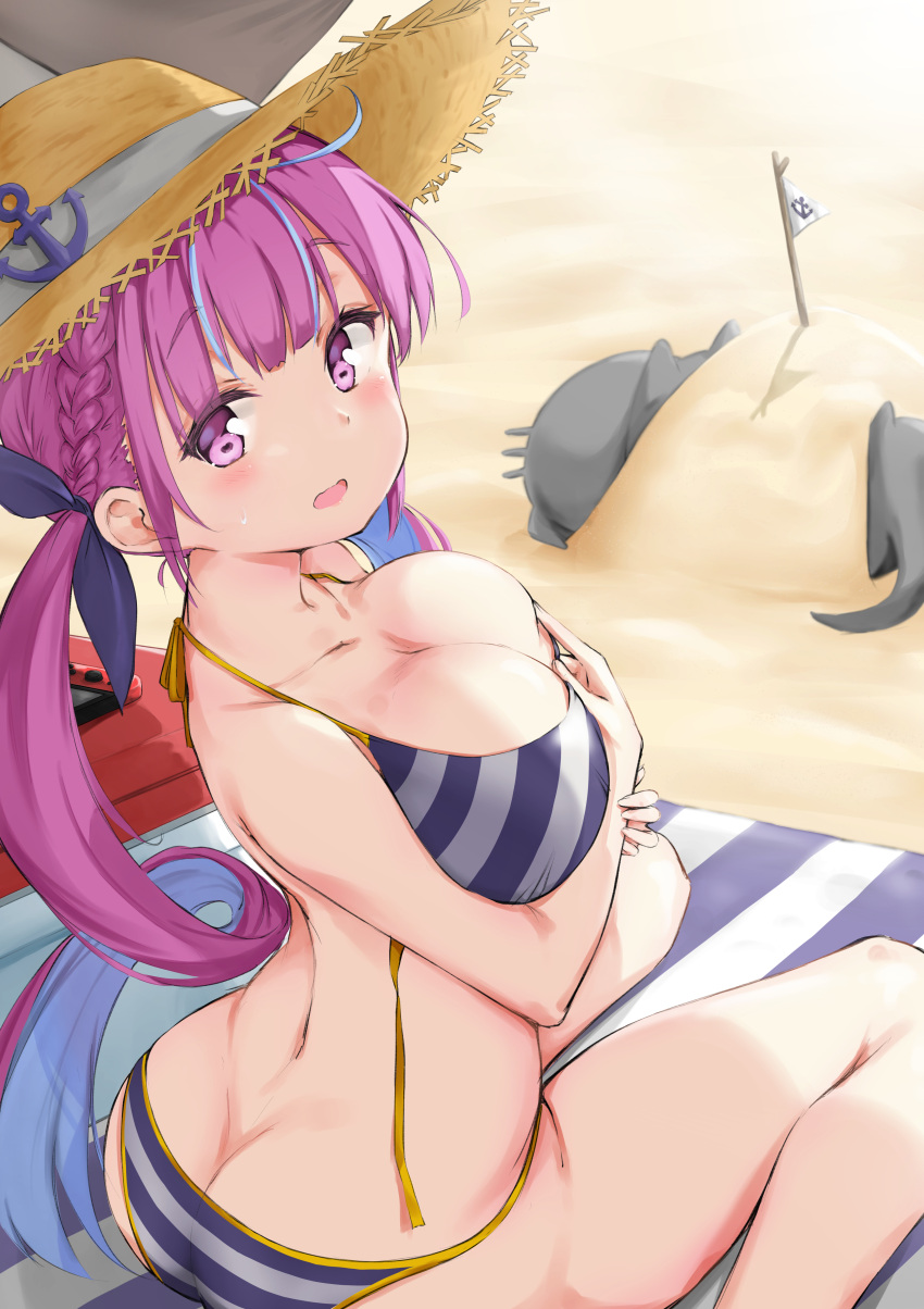 1girl absurdres ass beach beach_towel bikini blue_bikini blue_hair blue_ribbon blush braid breasts butt_crack colored_inner_hair drill_hair french_braid from_above from_behind full_body hair_ribbon halter_top halterneck hat highres hololive kneeling komasi large_breasts long_hair looking_at_viewer minato_aqua multicolored_hair open_mouth purple_hair ribbon sitting smile solo straw_hat string_bikini striped striped_bikini swimsuit towel twin_braids twin_drills twintails two-tone_hair untied untied_bikini violet_eyes virtual_youtuber wariza