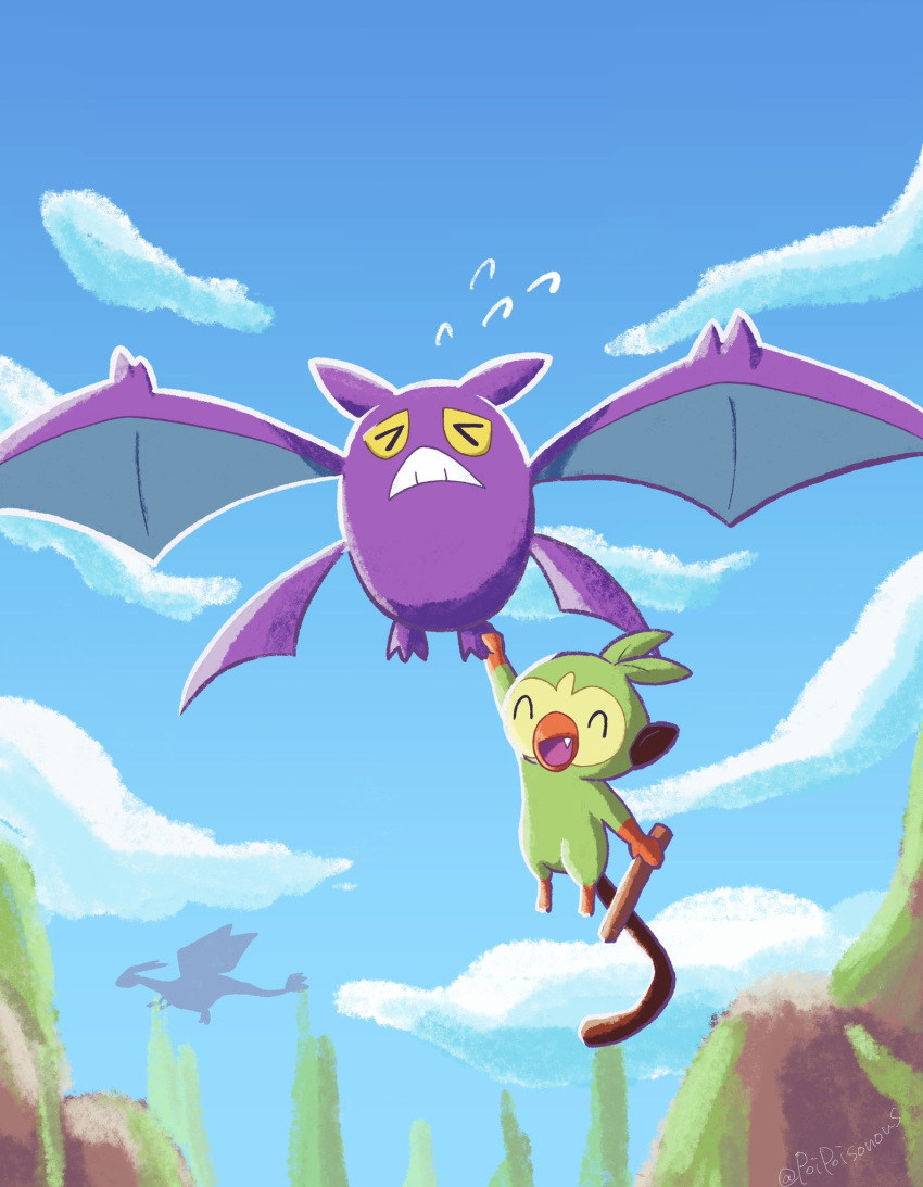 &gt;_&lt; :d arm_up closed_eyes clouds commentary_request crobat day fang flygon flying flying_sweatdrops gen_2_pokemon gen_3_pokemon gen_8_pokemon grookey hanging highres holding holding_stick no_humans open_mouth outdoors pokemon pokemon_(creature) ranosuke sky smile stick teeth tongue twitter_username watermark