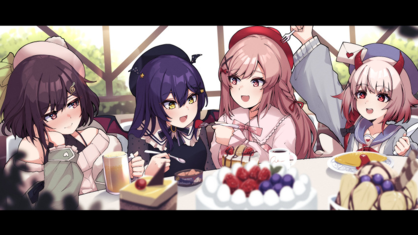 4girls absurdres bangs bat_wings beret black_headwear blue_headwear bow brown_bow cake demon_horns envelope eyebrows_visible_through_hair food fork fruit green_bow hair_bow hat highres holding holding_fork holding_spoon horns ice_cream matsuro_meru miori_celesta multiple_girls nini_yuuna off-shoulder_sweater off_shoulder omurice open_mouth pink_eyes pink_hair pink_headwear pink_shirt red_eyes red_headwear sailor_collar shirt sitting smile spoon strawberry sweater table tsunderia tsunderia_quest valefal_coneri virtual_youtuber white_sweater window wings yazaki_kallin yellow_eyes