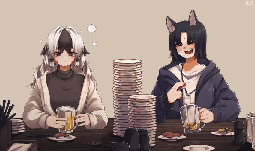 2girls absurdres alcohol animal_ears arknights bangs bead_bracelet beads beer beer_mug black_hair black_hoodie black_shirt blush bracelet brown_background cardigan chopsticks closed_eyes closed_mouth commentary cup dog_ears drunk eyebrows_visible_through_hair facial_mark food forehead_mark highres holding holding_food hood hoodie if_f jewelry lanyard light_blush long_hair long_sleeves mug multiple_girls nigirizushi open_cardigan open_clothes open_mouth orange_eyes plate_stack saga_(arknights) shirt simple_background smile snowsant_(arknights) soy_sauce sushi table turtleneck upper_teeth white_cardigan white_hair