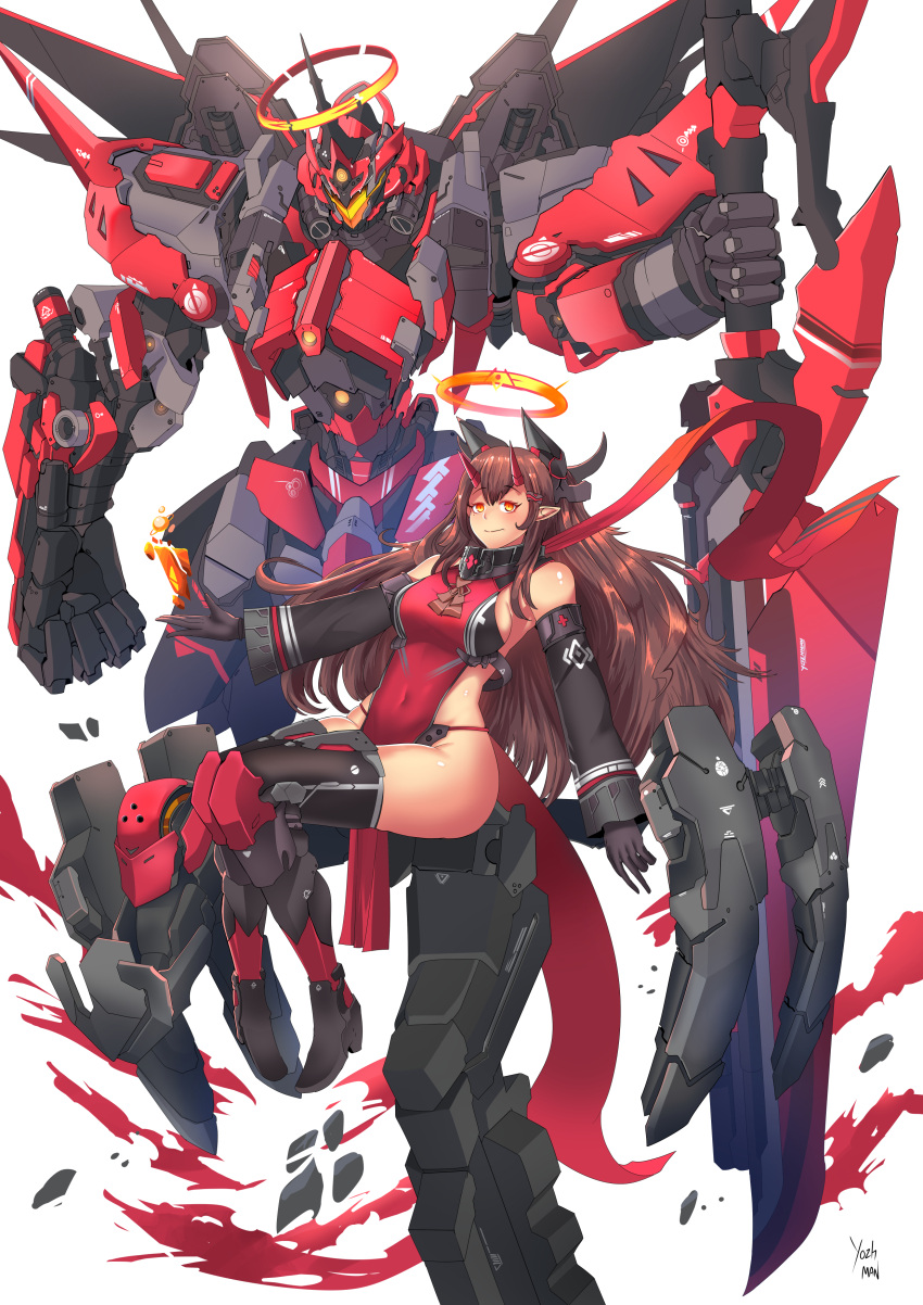 1girl absurdres black_gloves boots borrowed_character breasts brown_hair covered_navel detached_sleeves gloves hair_behind_ear halo highres holding holding_lance holding_polearm holding_weapon horns lance long_hair looking_at_viewer mecha mechanical_horns medium_breasts orange_eyes original pointy_ears polearm science_fiction smile thigh-highs thigh_boots visor weapon yozhman