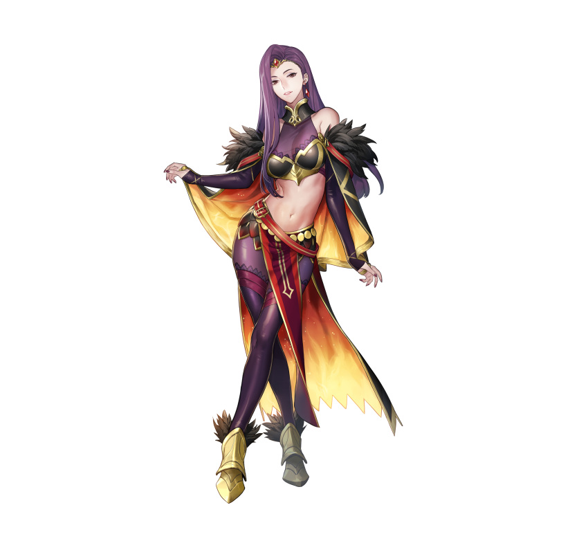 1girl absurdres bare_shoulders belt breasts bridal_gauntlets brown_eyes capelet commentary_request earrings eyeshadow feather_trim feathers fingernails fire_emblem fire_emblem_echoes:_shadows_of_valentia fire_emblem_heroes full_body gem gold_trim gradient gradient_clothes highres jewelry light_smile lips long_hair looking_at_viewer makeup medium_breasts midriff nail_polish navel official_art p-nekor pale_skin pantyhose parted_lips pelvic_curtain red_nails shiny shiny_clothes simple_background sleeveless solo sonya_(fire_emblem) standing stomach violet_eyes white_background