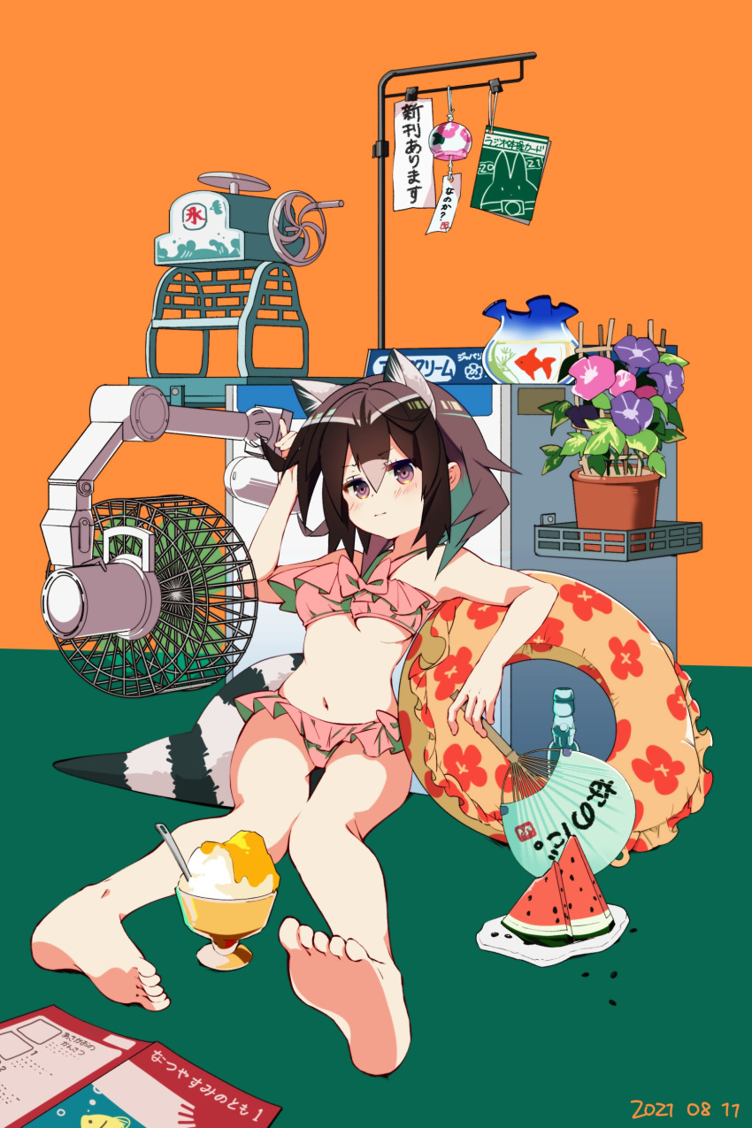 1girl absurdres alternate_costume animal_ears bare_arms bare_legs bare_shoulders barefoot bikini blue_eyes blush commentary_request common_raccoon_(kemono_friends) electric_fan extra_ears eyebrows_visible_through_hair fish flower food fruit goldfish grey_hair hand_fan highres ice_cream innertube kemono_friends multicolored_hair nanana_(nanana_iz) pink_bikini raccoon_ears raccoon_girl raccoon_tail short_hair sitting solo swimsuit tail translation_request watermelon white_hair