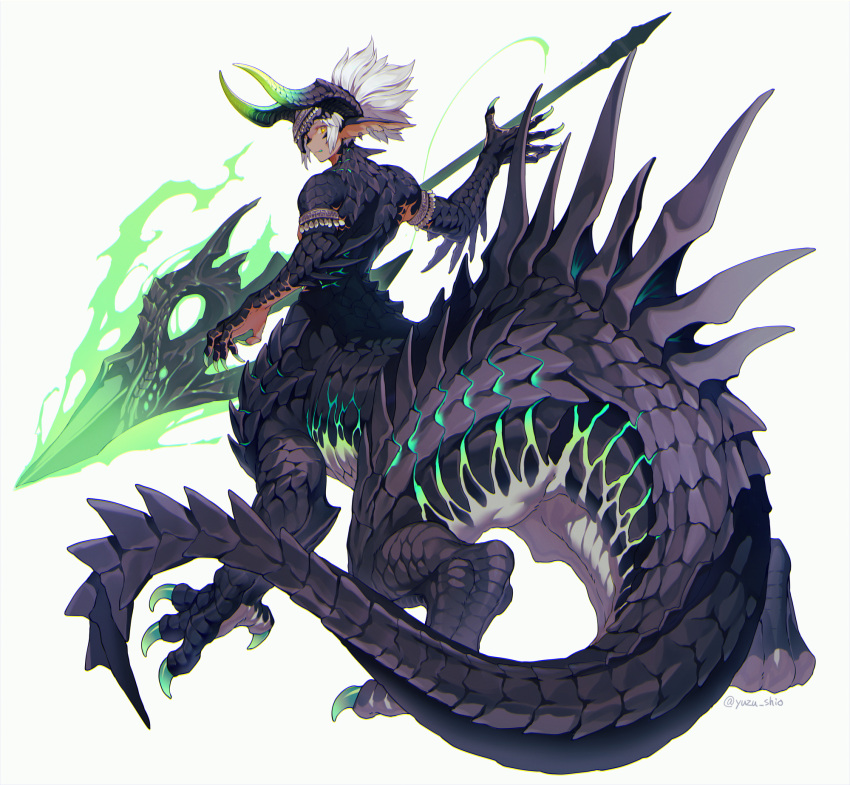 1boy armlet centauroid claws commentary_request dragon_boy dragon_horns dragon_tail ear_notch full_body highres horns long_pointy_ears looking_at_viewer male_focus monster_boy original pointy_ears polearm scales signature solo spear spines tail taur tongue tongue_out weapon white_background white_hair yellow_eyes yuzu_shio