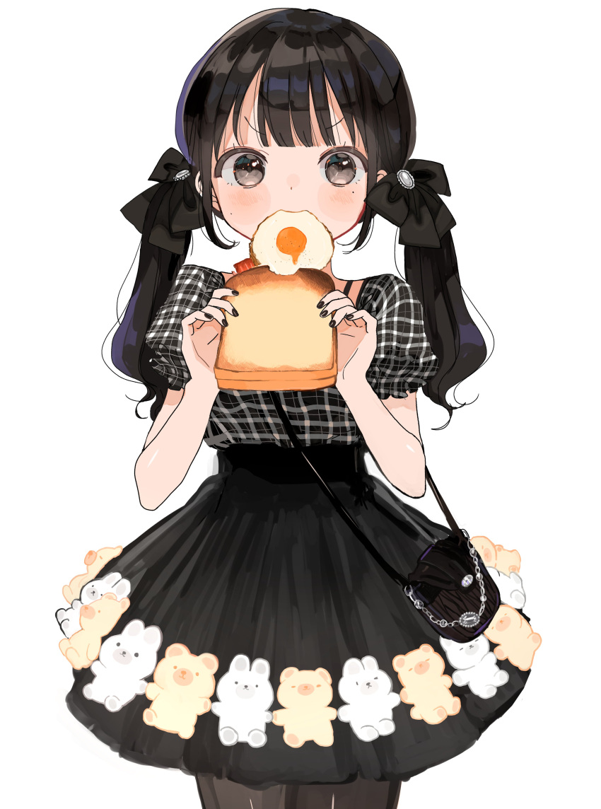 1girl absurdres bag bangs black_bow black_hair black_legwear black_nails black_shirt black_skirt bow brown_eyes commentary eyebrows_visible_through_hair food food_in_mouth fried_egg hair_bow highres holding holding_food long_hair low_twintails maple_(abc2215) mole mole_under_eye mouth_hold nail_polish original pantyhose plaid plaid_shirt puffy_short_sleeves puffy_sleeves shirt short_sleeves shoulder_bag simple_background skirt solo symbol-only_commentary toast twintails v-shaped_eyebrows white_background