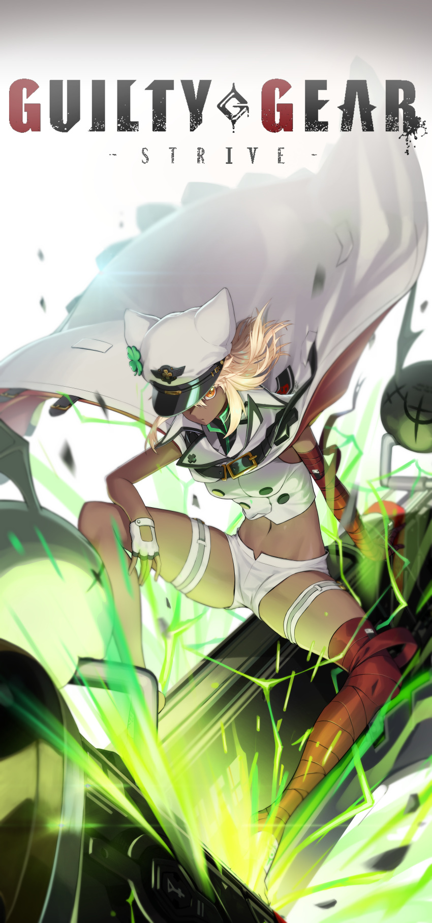 1girl absurdres bandaged_arm bandaged_leg bandages blonde_hair cape copyright_name dark-skinned_female dark_skin gloves guilty_gear guilty_gear_strive hat highres huge_filesize long_hair midriff navel penguin_say ramlethal_valentine shorts sitting thigh_strap white_gloves yellow_eyes