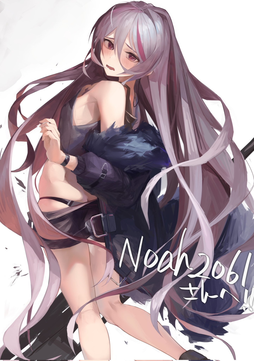 1girl ass bare_shoulders black_panties black_tank_top blush breasts butt_crack coat commentary commission from_behind fur-trimmed_coat fur_trim girls_frontline grey_hair gun highres kneepits long_hair multicolored_hair off_shoulder open_mouth panties pink_hair ra_9rara rifle shorts skeb_commission skindentation small_breasts sniper_rifle solo streaked_hair t-cms_(girls_frontline) tank_top truvelo_cms underwear very_long_hair violet_eyes wavy_mouth weapon white_background