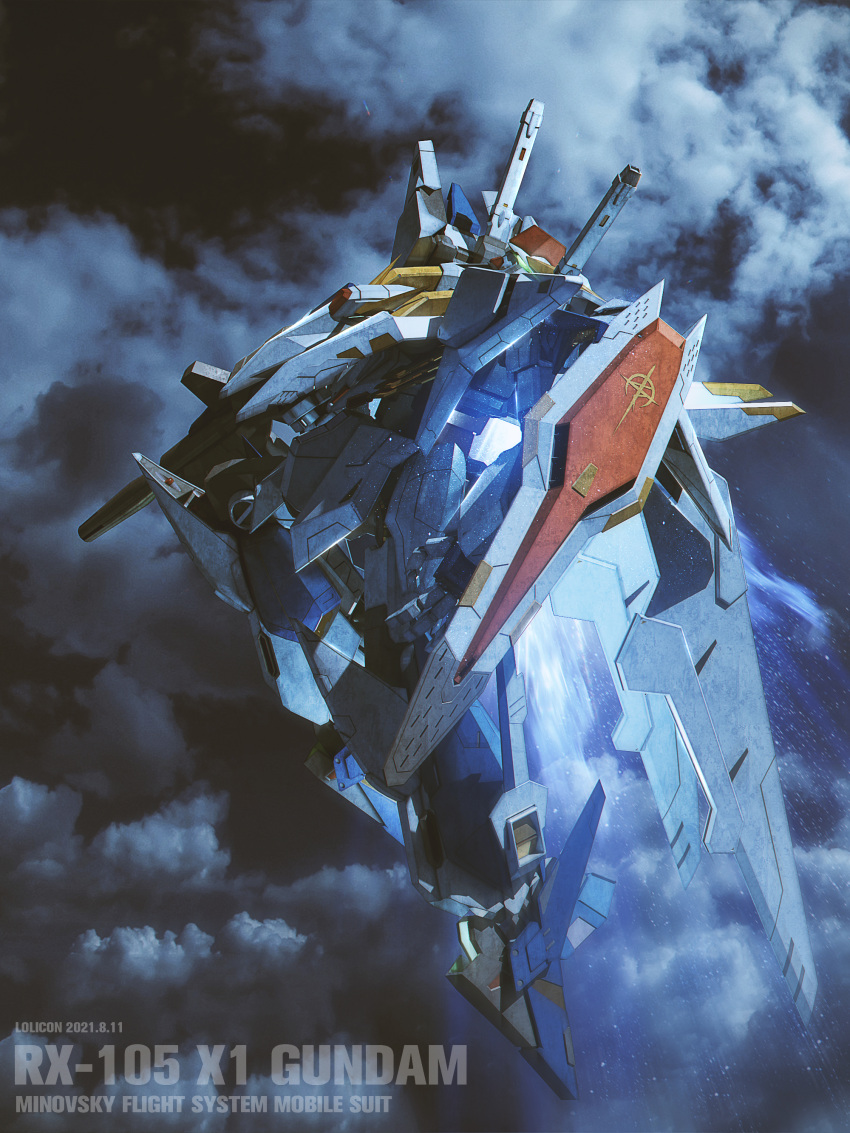 3d absurdres artist_name beam_rifle character_name clouds cloudy_sky commentary_request dated emblem energy_gun english_text flying green_eyes gundam gundam_hathaway's_flash highres lolicon_(lolicon42051636) mecha mobile_suit night night_sky no_humans photoshop_(medium) science_fiction shield sky solo symbol v-fin weapon xi_gundam