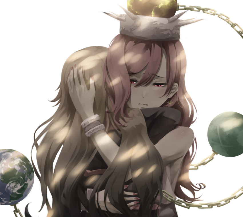 2girls absurdres arm_up bangs bare_shoulders belt black_belt black_dress blonde_hair brown_headwear chain chinese_clothes closed_mouth dress earrings earth_(ornament) eyebrows_visible_through_hair gold_chain hair_between_eyes hand_on_another's_head hand_up hecatia_lapislazuli highres hug jewelry junko_(touhou) long_hair long_sleeves looking_at_another moon_(ornament) multiple_girls no_hat no_headwear otomeza_ryuseigun polos_crown red_eyes red_nails redhead shadow simple_background sleeveless touhou white_background white_dress white_headwear wide_sleeves wristband