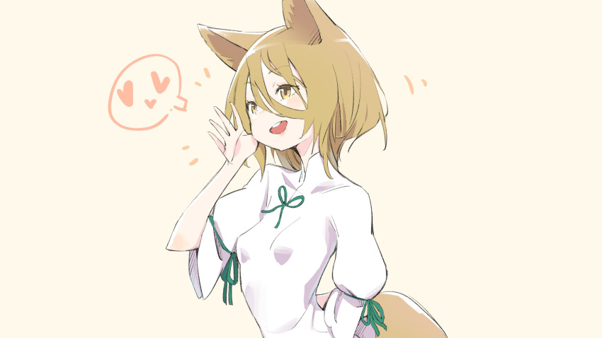 1girl animal_ears bangs blonde_hair bow breasts eyebrows_visible_through_hair fox_ears fox_tail green_bow hair_between_eyes heart highres jumpsuit kawayabug kudamaki_tsukasa looking_to_the_side open_mouth pink_heart puffy_short_sleeves puffy_sleeves short_hair short_sleeves simple_background small_breasts smile solo tail touhou upper_body white_jumpsuit white_sleeves yellow_background yellow_eyes