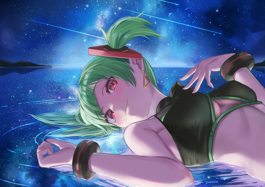 1girl absurdres arenoyoni bracelet breasts clothing_cutout delutaya earrings eyebrows_behind_hair fangs fangs_out green_hair hair_behind_ear head_tilt highres indie_virtual_youtuber jewelry light_blush looking_at_viewer lying medium_breasts on_back red_eyes shooting_star skin_fangs sky smile solo star_(sky) starry_sky triangle_earrings twintails under_boob underboob_cutout virtual_youtuber