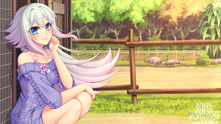 1girl arm_on_knee artist_name bangs blue_eyes breasts cabin_fever_(game) closed_mouth door dress eyebrows_visible_through_hair fence flower_on_dress forest hair_between_eyes hand_on_own_face highres long_hair looking_at_viewer multicolored_hair murmoruno nature purple_dress purple_hair purple_sweater signature smile solo sweater sweater_dress two-tone_hair white_hair wooden_fence