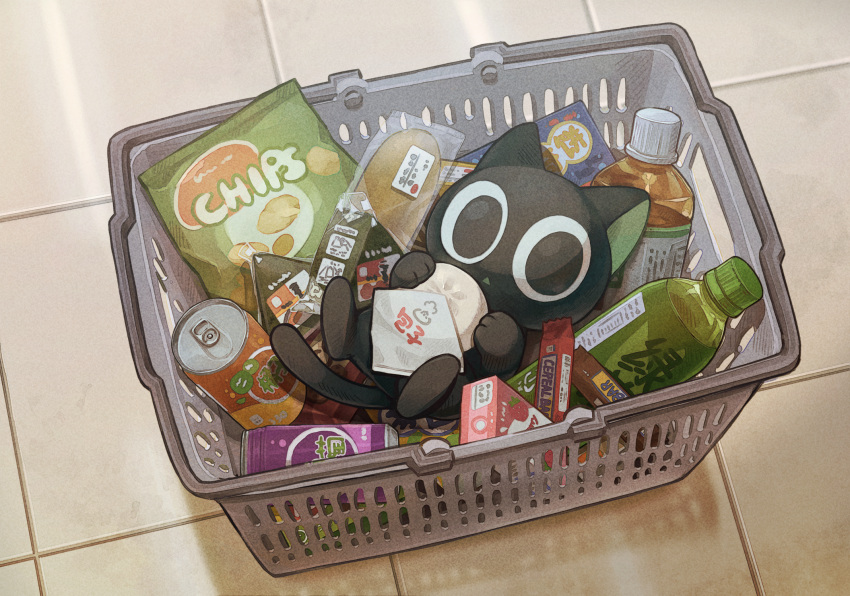 1boy animal_focus bag_of_chips basket black_cat bottle can cat groceries grocery_basket highres luoxiaohei saino shadow solo the_legend_of_luo_xiaohei tile_floor tiles