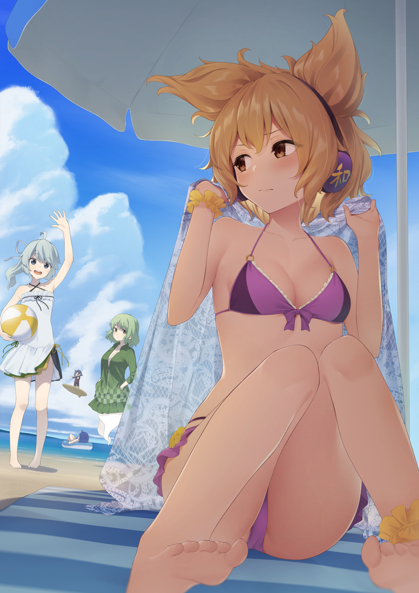 5girls ahoge bangs beach beach_towel beach_umbrella beach_volleyball bikini blonde_hair blue_eyes blue_hair blush bow breasts closed_mouth clouds collarbone commentary_request day earmuffs embarrassed eyebrows eyelashes feet floating ghost_tail green_eyes green_hair halterneck hands_in_pockets highres innertube jacket kaku_seiga kanpa_(campagne_9) looking_at_viewer looking_back medium_breasts medium_hair miyako_yoshika mononobe_no_futo multiple_girls ocean ofuda open_mouth outdoors outstretched_arms pointy_hair ponytail purple_bikini ribbon sand silver_hair sitting sky smile soga_no_tojiko standing striped_towel surfboard swimsuit toenails toes touhou towel toyosatomimi_no_miko umbrella water waving yellow_eyes zombie_pose