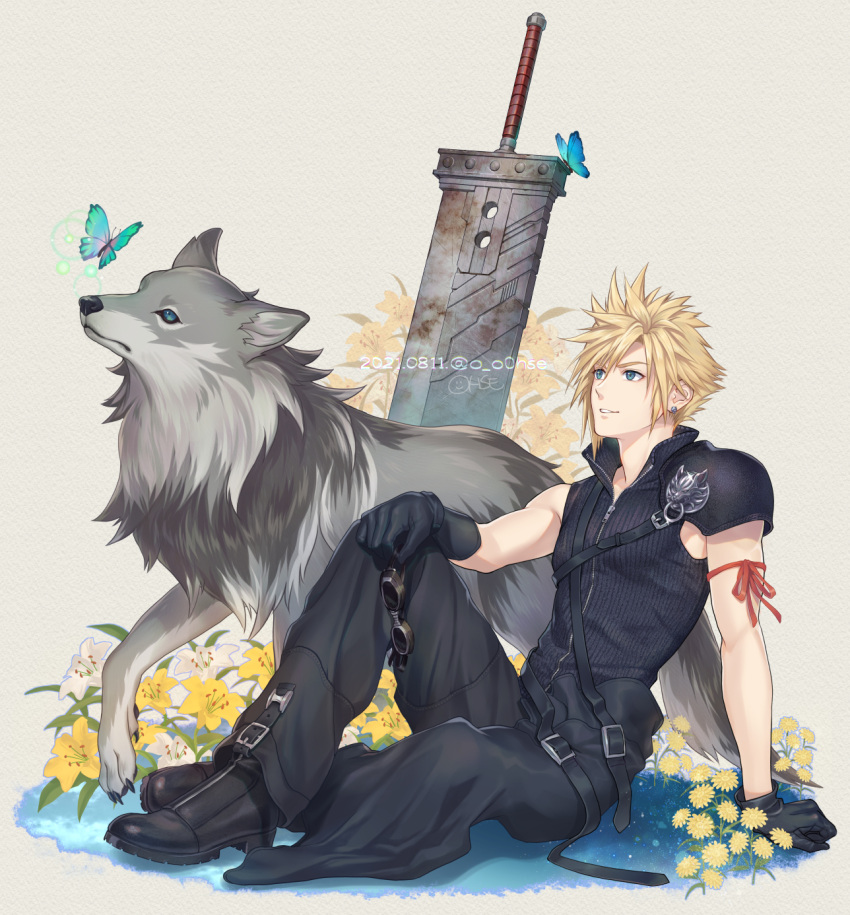 1boy animal arm_ribbon arm_support armor bad_id bad_pixiv_id belt black_gloves black_pants black_shirt blonde_hair blue_butterfly blue_eyes bug buster_sword butterfly cloud_strife dated earrings final_fantasy final_fantasy_vii final_fantasy_vii_advent_children flower from_side full_body gloves goggles goggles_removed hand_on_own_knee highres insect jewelry knee_up looking_ahead male_focus multiple_belts ohse pants parted_lips planted planted_sword red_ribbon ribbon shirt shoulder_armor signature sitting smile spiky_hair stud_earrings sword weapon white_flower wolf yellow_flower