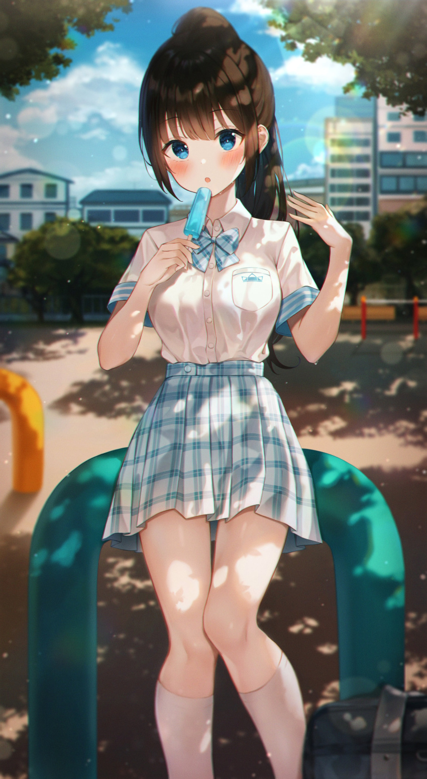 1girl absurdres black_hair blue_eyes blue_skirt breast_pocket breasts collared_shirt day food high-waist_skirt highres holding huion kneehighs long_hair looking_at_viewer medium_breasts miniskirt outdoors parted_lips plaid plaid_skirt playground pleated_skirt pocket ponytail popsicle school_uniform shirt shirt_tucked_in short_sleeves skirt solo tree_shade wabbajack white_legwear white_shirt