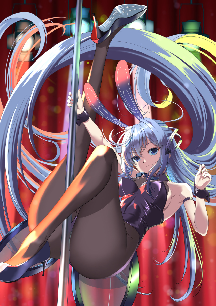 1girl absurdly_long_hair animal_ears arm_strap ass azur_lane bare_shoulders black_footwear black_legwear blue_eyes blue_hair blurry blurry_background bodystocking breasts detached_collar eyebrows_visible_through_hair fake_animal_ears high_heels highres kagura_hiromu large_breasts leotard long_hair looking_at_viewer new_jersey_(azur_lane) new_jersey_(exhilarating_steps!)_(azur_lane) official_alternate_costume oversized_breast_cup playboy_bunny pole pole_dancing purple_leotard rabbit_ears solo stage_lights stiletto_heels strapless strapless_leotard stripper_pole very_long_hair wrist_cuffs