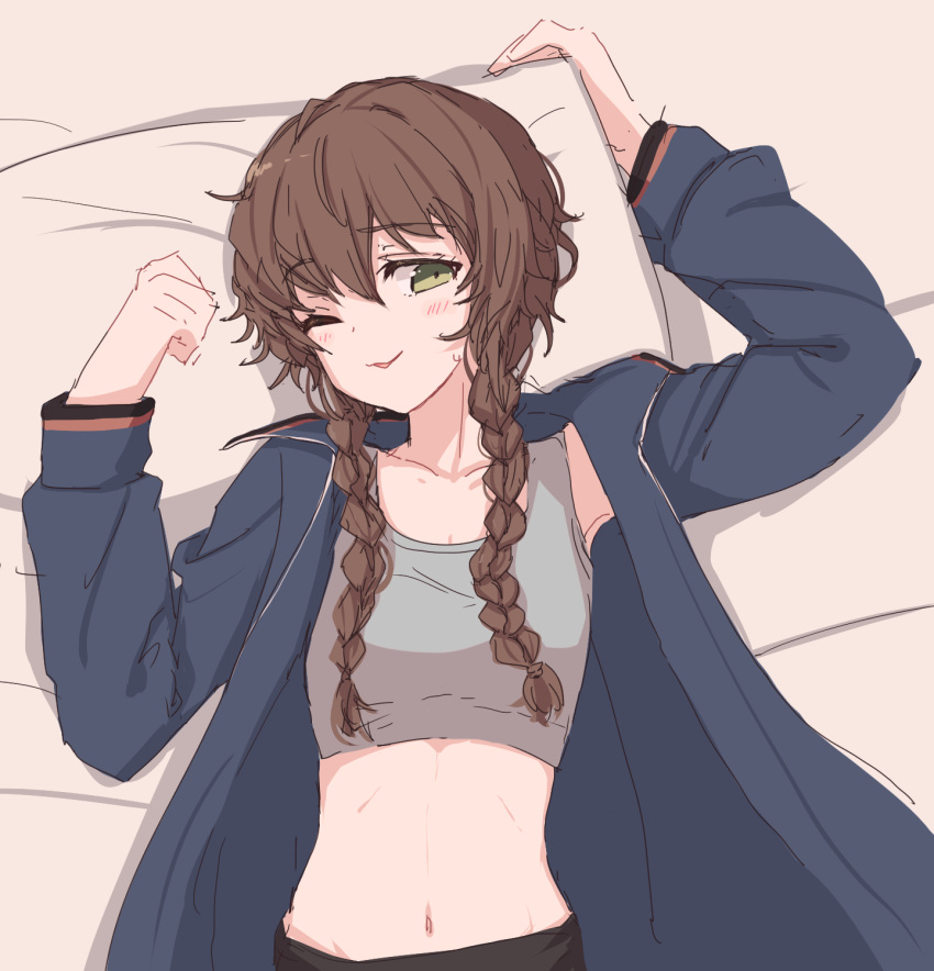 amane_suzuha blush braid brown_hair green_eyes highres jacket kahlua_(artist) lying midriff on_back on_bed one_eye_closed smile steins;gate track_jacket twin_braids