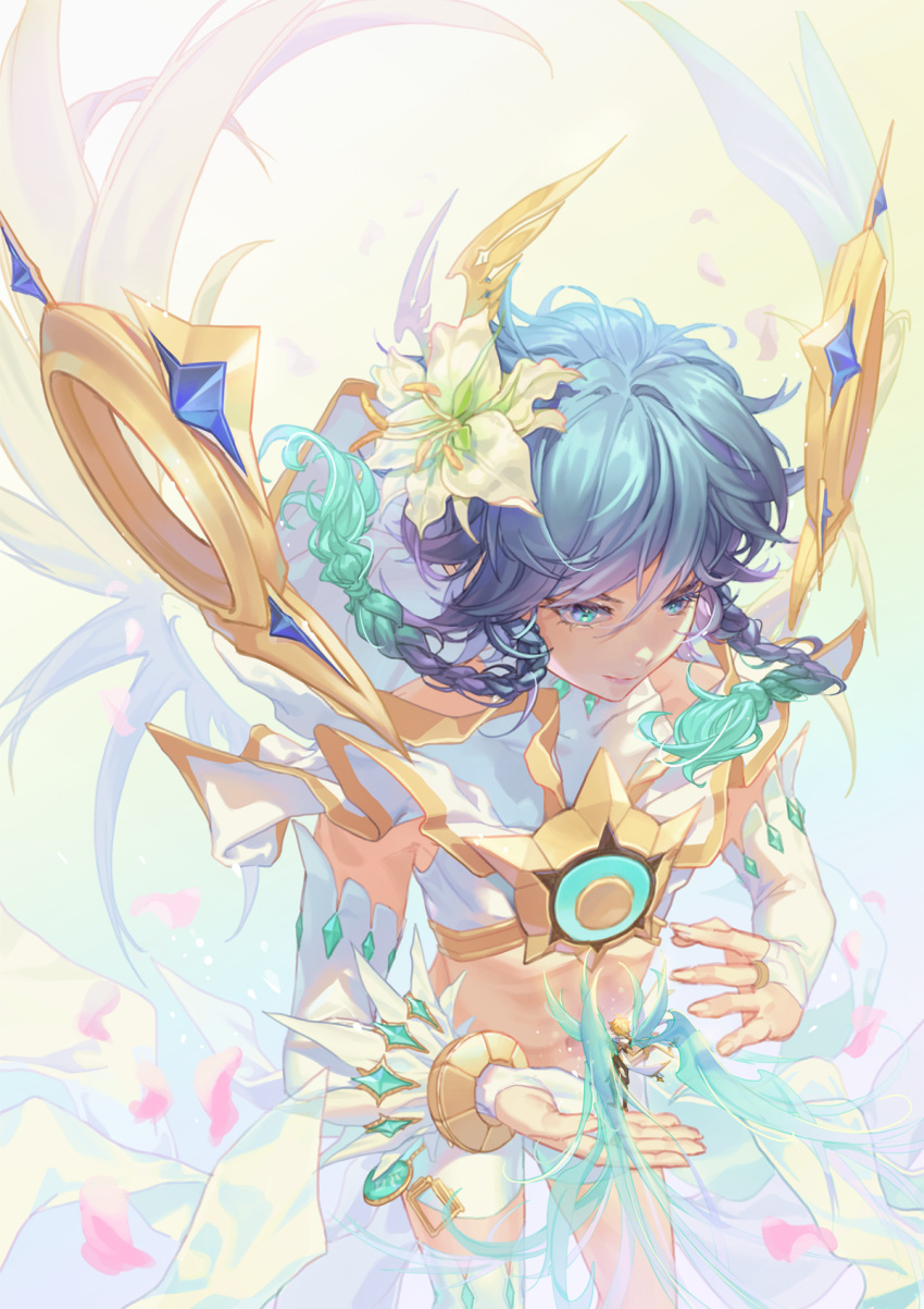 1boy aether_(genshin_impact) ahoge androgynous bangs black_hair blonde_hair blue_hair braid bridal_gauntlets capelet closed_mouth commentary_request crop_top cuviq elbow_gloves eyebrows_visible_through_hair feathered_wings flower genshin_impact gloves gradient_hair green_eyes hair_flower hair_ornament highres hood hood_down hooded_capelet long_hair male_focus midriff multicolored_hair multiple_boys scarf shan_shen short_hair_with_long_locks sidelocks simple_background single_thighhigh sleeveless smile thigh-highs twin_braids venti_(genshin_impact) white_flower white_legwear wings