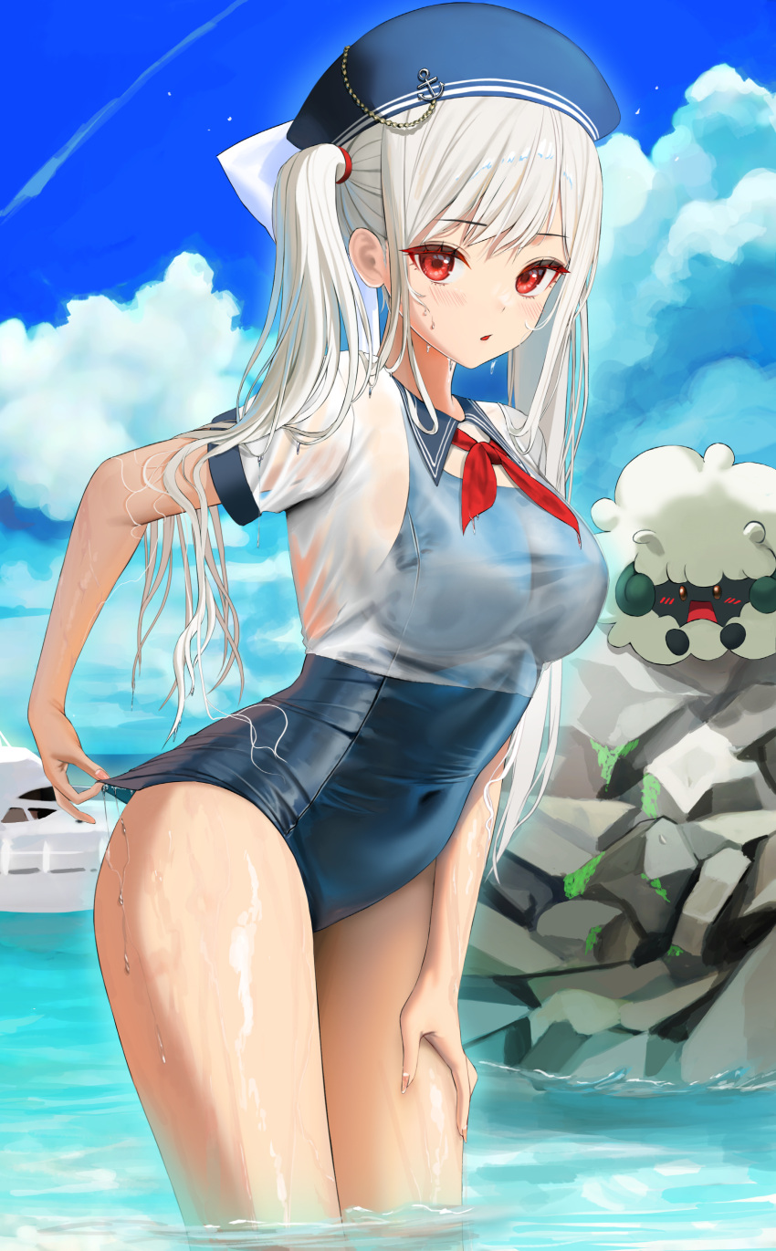 1girl absurdres beret blue_headwear blue_sky blue_swimsuit breasts clouds collared_shirt commission covered_navel crop_top day gen_5_pokemon hand_on_own_thigh hat highres large_breasts long_hair looking_at_viewer neckerchief ocean one-piece_swimsuit original outdoors parted_lips pokemon pokemon_(creature) red_eyes sailor_collar sailor_shirt see-through shirt short_sleeves sky standing swimsuit thighs tokkihouse twintails wading water wet wet_clothes wet_shirt whimsicott white_hair white_shirt
