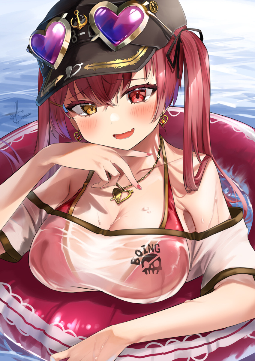 1girl bikini black_headwear breasts collarbone earrings eyewear_on_headwear fang fingernails hat heart heart-shaped_eyewear heart_earrings heart_necklace heterochromia highres hololive houshou_marine jewelry kito_koruta large_breasts long_hair looking_at_viewer nail_polish open_mouth red_bikini red_eyes red_nails skin_fang smile solo sunglasses swimsuit twintails upper_body virtual_youtuber wet yellow_eyes