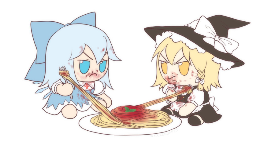 2girls angry apron ascot black_dress black_footwear blonde_hair blue_bow blue_dress blue_hair bow braid buttons character_doll cirno commentary dirty dirty_clothes dirty_face dress eating food fork frilled_apron frilled_hat frills fumo_(doll) hair_bow hat hat_bow holding holding_fork kirisame_marisa looking_at_another multiple_girls pasta pinafore_dress puffy_short_sleeves puffy_sleeves short_hair short_sleeves simple_background skullchimes spaghetti touhou waist_apron white_bow wings witch_hat yellow_eyes