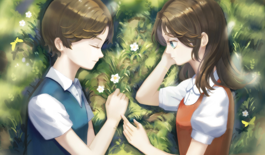 1boy 1girl blue_eyes blue_vest bug butterfly closed_eyes flower from_above grass hand_on_own_cheek hand_on_own_face highres insect long_hair looking_at_another lying miantiao135 on_side original red_vest short_hair short_sleeves siblings twins vest yellow_butterfly