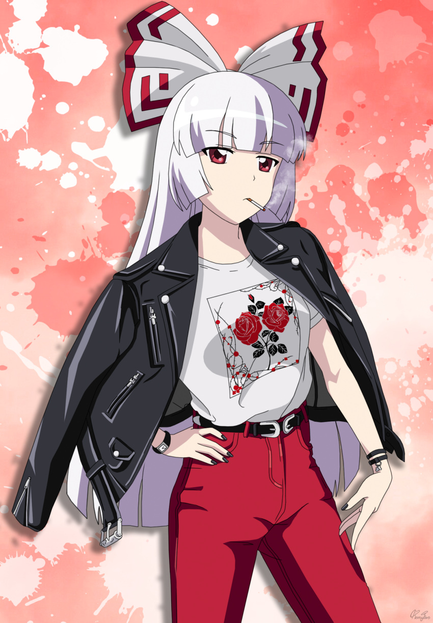 1girl bangs belt black_belt black_jacket black_nails bow breasts buttons cigarette clock closed_mouth eyebrows_visible_through_hair floral_print flower fujiwara_no_mokou hand_up highres jacket leaf leaf_print long_hair long_sleeves looking_at_viewer lunamoon_(style) medium_breasts multicolored_bow orange_background pants pink_background pocket red_background red_bow red_eyes red_flower red_pants red_rose remyfive rose rose_print shirt short_sleeves silver_hair solo standing t-shirt touhou white_background white_bow white_shirt wristband